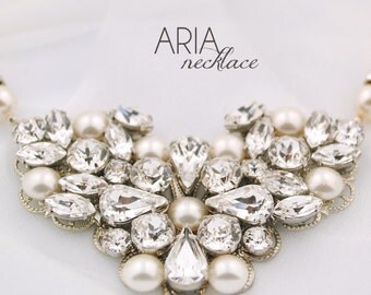 Pearl wedding necklace - rhinestone necklace - pearl necklace - bridal jewelry - statement bridal necklace - wedding jewelry - Aria necklace