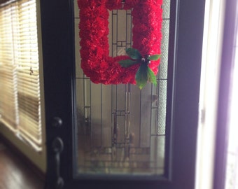 THE Official OSU Block O Wreath with over 100 red silk carnations, real Ohio buckeyes and silk buckeye leaves