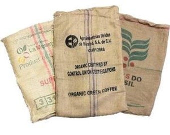 Lot of 4 (four) Used Coffee Bean Burlap Bags // Burlap Coffee Jute Bags // Coffee bean sack // organic recycling //