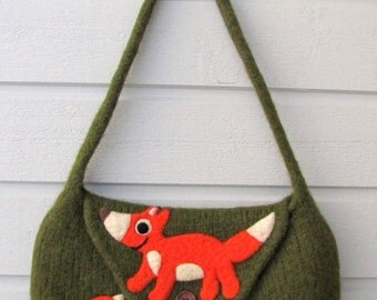 Felted bag purse moss green wool handbag shoulderbag hand knit needle felted fox birdie bird