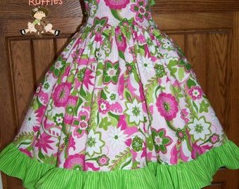 Molly Ruffled Sundress Pink and Green fabric