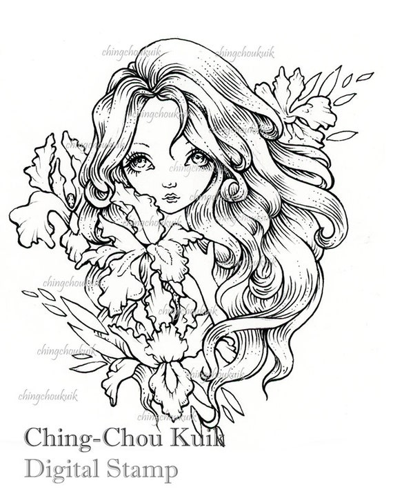 Iris - Digital Stamp Instant Download / Flower Lady Fantasy Art by Ching-Chou Kuik