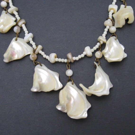 Long Mother of Pearl Charm Necklace Vintage by PurpleDaisyJewelry