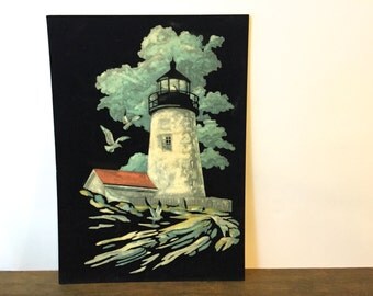 Vintage Paint-By-Number on Velvet Sea Scape Lighthouse painting ~Nautical art