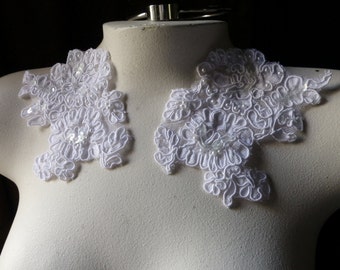 WHITE Beaded Lace Applique Pair Corded Lace for Lyrical Dance, Bridal, Veils, Sashes, Costumes PR 61white