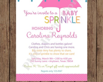 Custom Printed Pink Umbrell Rain Baby Sprinkle Invitations ... 1.00 each with envelope