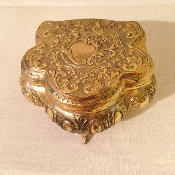 Jewelry Box Gold Metal Ornate Vintage Jewelry Box with Red