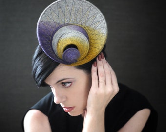 Modern Ombre Purple/Yellow/Grey Industrial Felt Fascinator - Orbital Series - Made to Order