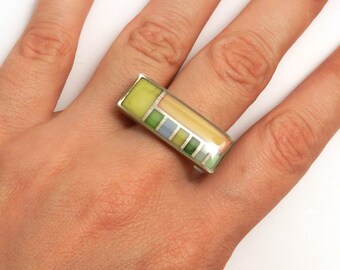 On Sale Was 95.  FLW Grid Ring (OOAK 3D printed enamel ring)