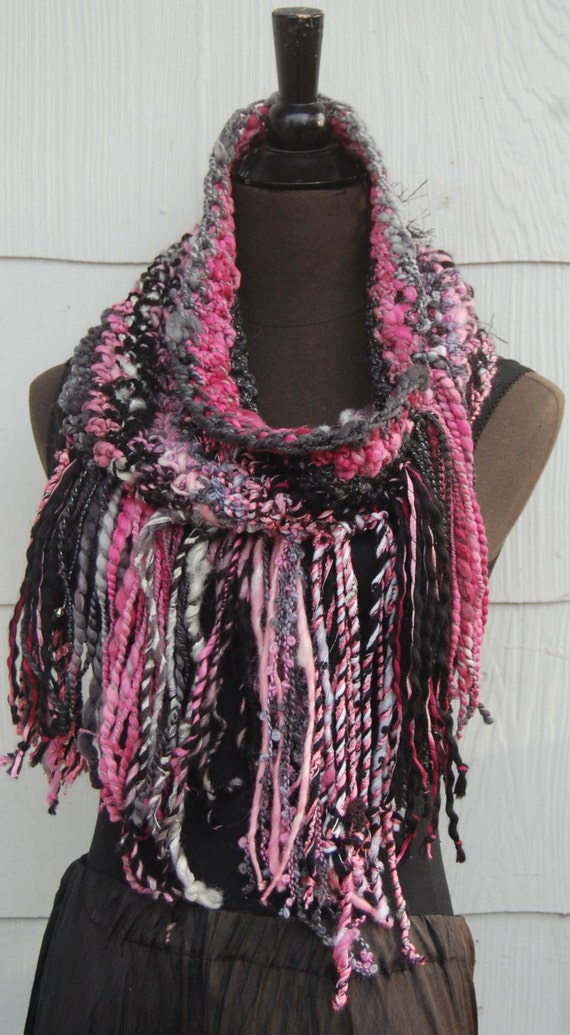 Handmade Crochet Gray, Black & Pink Fringed Cowl Neckwarmer OOAK