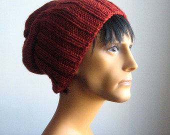 Hand Knit Hat, Brick Watchman Cap, Slouchy Hat, Vegan Knits, Mens Slouchy Beanie, Winter Hat, The Alex Hat, Mens Knit Hat, Mens Accessories