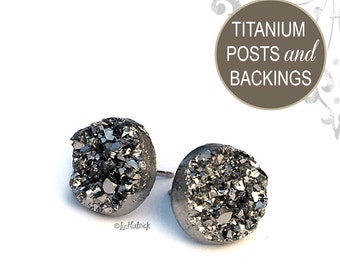 Glitter Stud Titanium Earrings, 12mm, Gunmetal Gray Metallic Faux Druzy with Titanium Posts