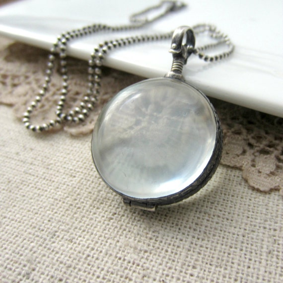 Clear Locket Necklace Glass Photo Locket Oxidize Sterling