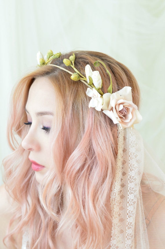 crown  wedding flower Floral halo crown veil, flower headpiece, bridal  under  veil, veil ivory