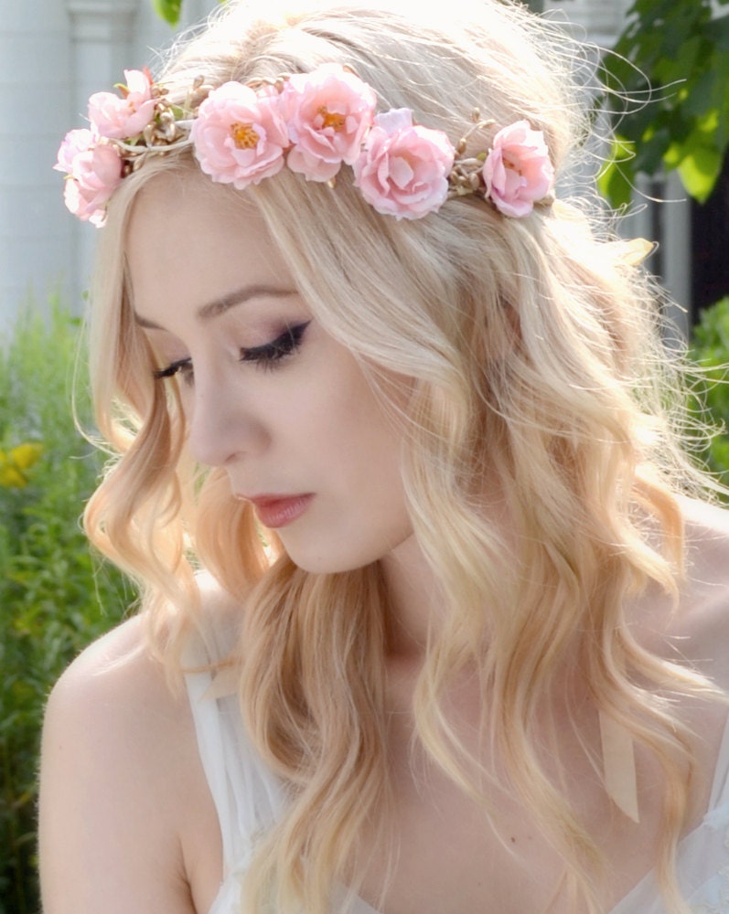 Pink flower crown rose headpiece floral crown gold crown