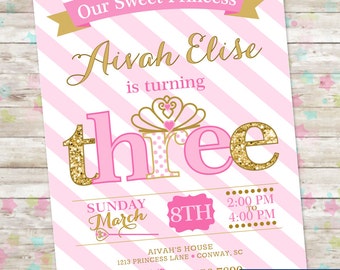 Princess Birthday Invitation, 3rd Birthday Party Invite, Pink and Gold Glitter, THREE Little Princess, Printable Invite, Princess Party, DIY