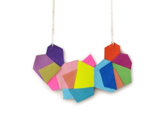 Geometric Bib Necklace, Colorful Polygon Hexagon Leather Necklace, Rainbow Neon Modern Jewelry, Fiber Art Geometric Jewelry
