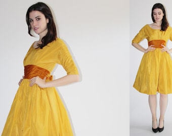D - Harry Kesier Dress - 50s Mustard Party Dress - The Dijon Dress - 8047