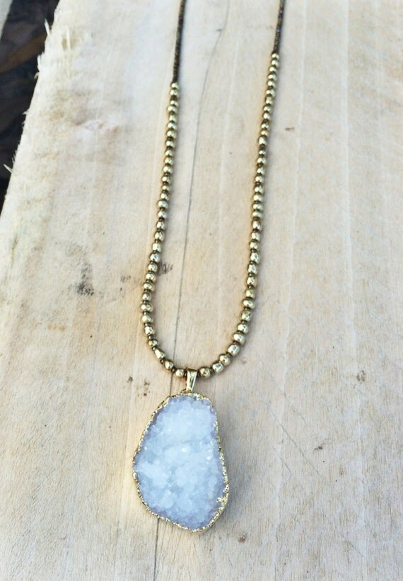 White Agate Druzy Long Necklace on Beaded Chain
