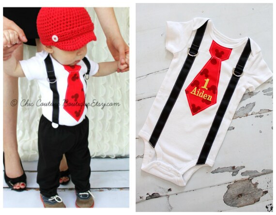 Personalized Mickey Mouse Birthday Tie and Suspender One Piece Bodysuit. Baby Boy First Birthday Party Outfit Disney Style Clothing. by ChicCoutureBoutique