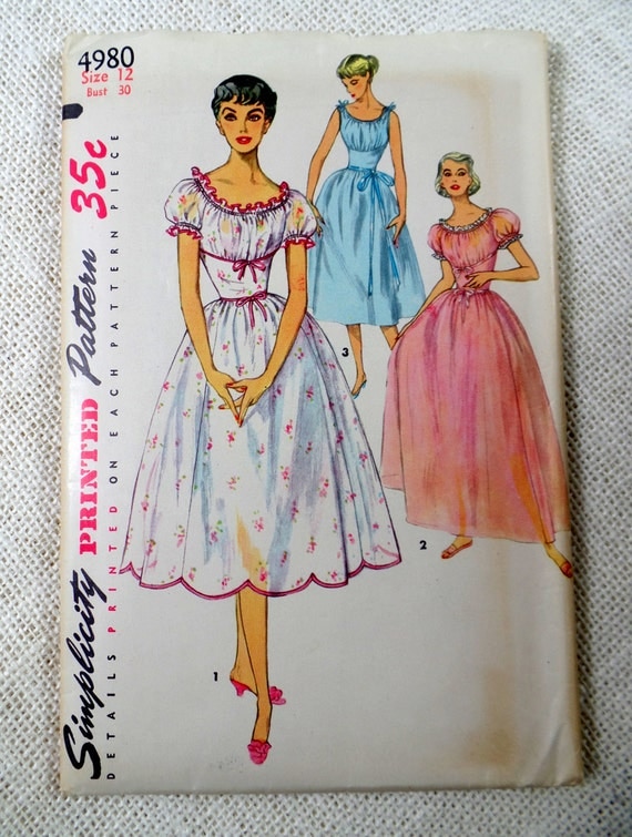 Vintage Simplicity 4980 1950s nightgown pattern Bust 30 shelf bust tie shoulder fitted waist Full skirt Grecian peasant dress