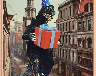 Birthday Card, b movie poster, Birthday Cards, Vintage, Monster art, Godzilla, Retro Card, Birthday, alternate histories, geekery