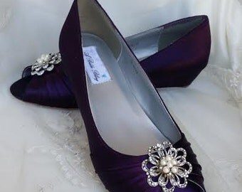 Purple Eggplant Bridal Shoes with Pearl and Crystal Bow Brooch