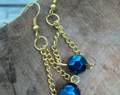Blue Crystal Suspended Drop Earrings - Swarovski Crystals and Gold Tone Dangles