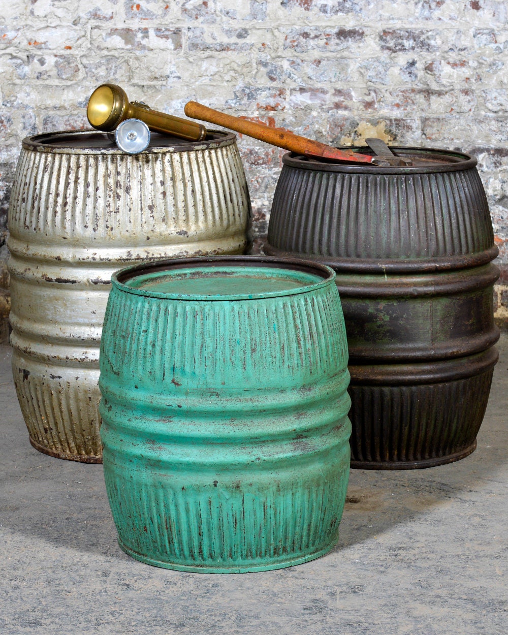 Vintage Metal Drum Barrel Table with Lid Turquoise Painted