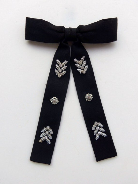 Vintage 50s 60s Western Bow Tie Clip On Black with Rhinestones