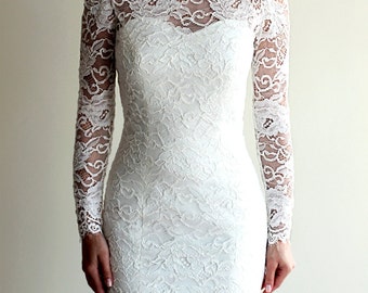 Short Wedding Dress with Sleeves and Illusion Neckline and Illusion Back, Reception Lace Dress, See-through Lace Dress