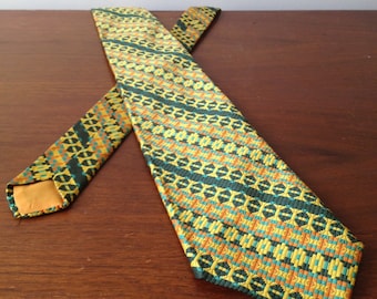 Vintage Pennwood Polyester Mens Necktie, Green Yellow Orange Turquoise Geometric Pattern