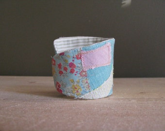 mori girl aqua linen collage wrist cuff - coral red button - pastel colours wrist cuff - textile bracelet, mothers day gift - liberty fabric