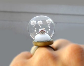 Winter Terrarium Ring Snow-covered landscape-Little house and white clouds-