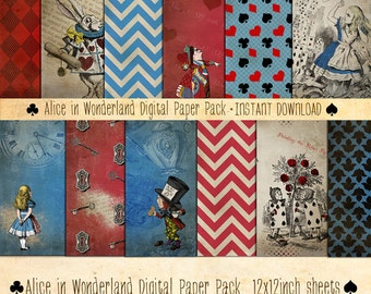 Alice in Wonderland Paper Pack 12 Digital Sheets - INSTANT DOWNLOAD - Mad Hatter Scrapbooking Card Making Birthday Party Decoration
