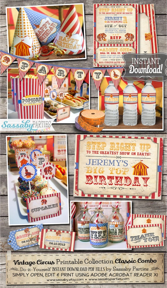 Vintage Circus Party Collection - INSTANT DOWNLOAD - Editable & Printable Kids Birthday Party Decorations by Sassaby Parties Il_570xn