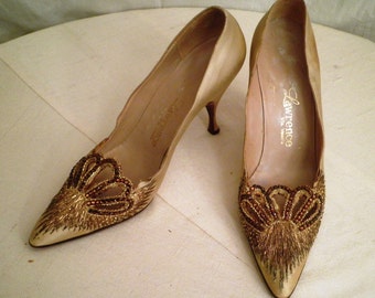 Vintage 1950's Shoes Copper Jeweled Shoes 1950's Vintage Beaded Stiletto Shoes Prong-set Rhinestones