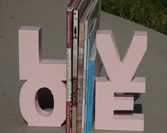 LOVE Wooden Bookends (wood bookends, pink, pale pink, light pink, baby girl, nursery decor, love bookends, bookends, christmas gift)