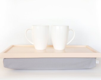 Breakfasts in bed serving tray, Laptop Lap Desk, Pillow Tray - Pastel Peach with Grey cotton Fabric
