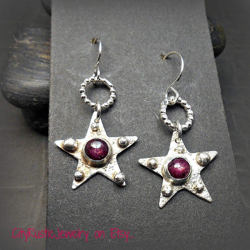 Sterling Silver Star Earrings with Red Star by CityRusticJewelry