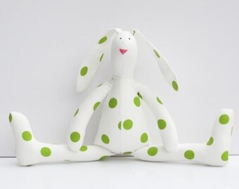 Stuffed bunny rabbit hare toy white green polka dots plush Easter bunny doll softie stuffed toy baby shower nursery decor