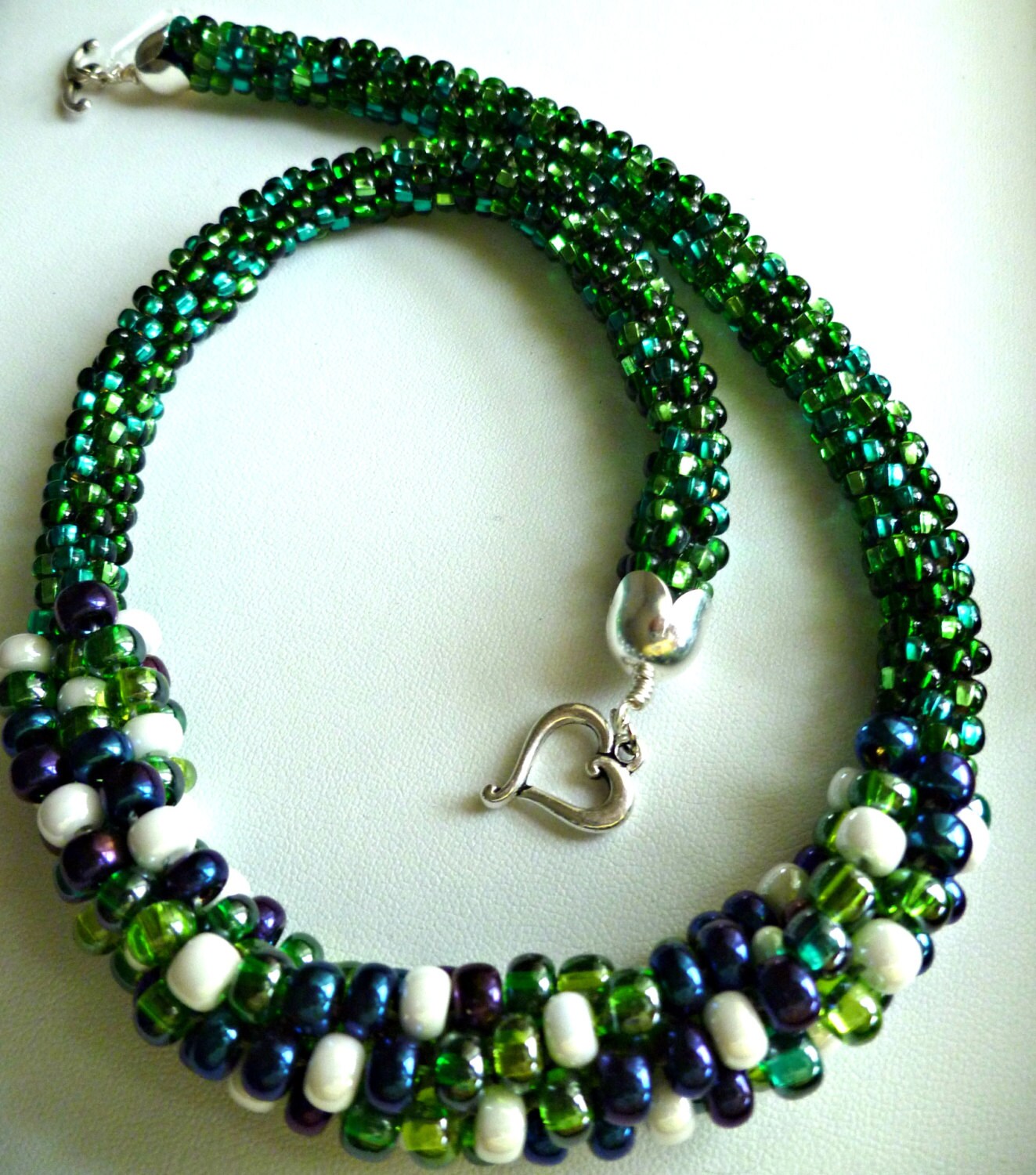 Beaded Kumihimo necklace blue green white minicluster