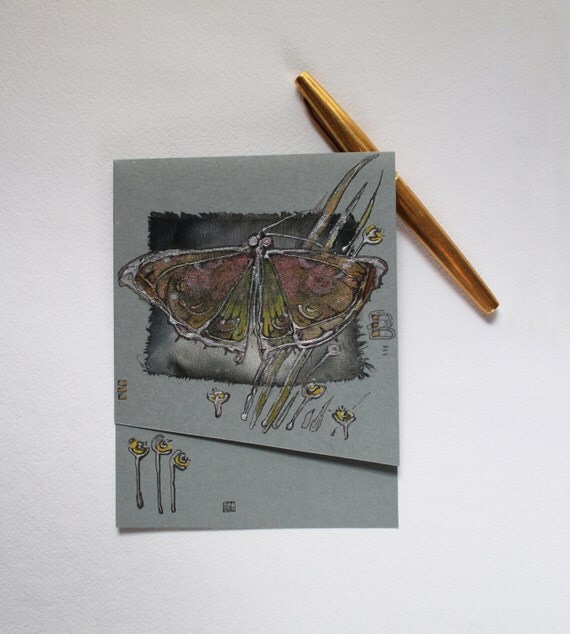 Dreaming butterfly - Night fly and wild flowers - blank art card - handmade greeting card for any event - gray lime green silver black OOAK