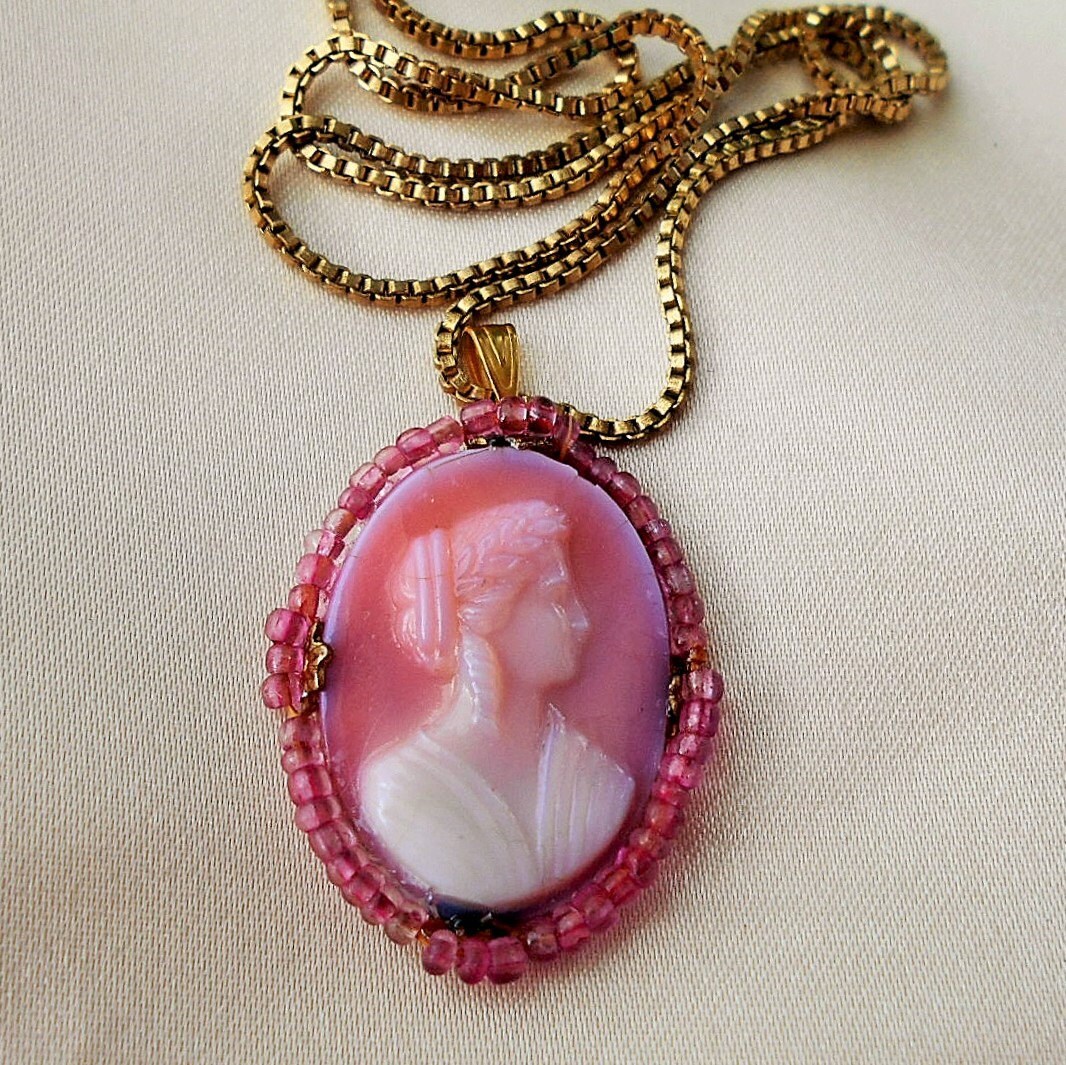 SALE Antique Pink to White Glass Cameo Brass Setting Art Deco