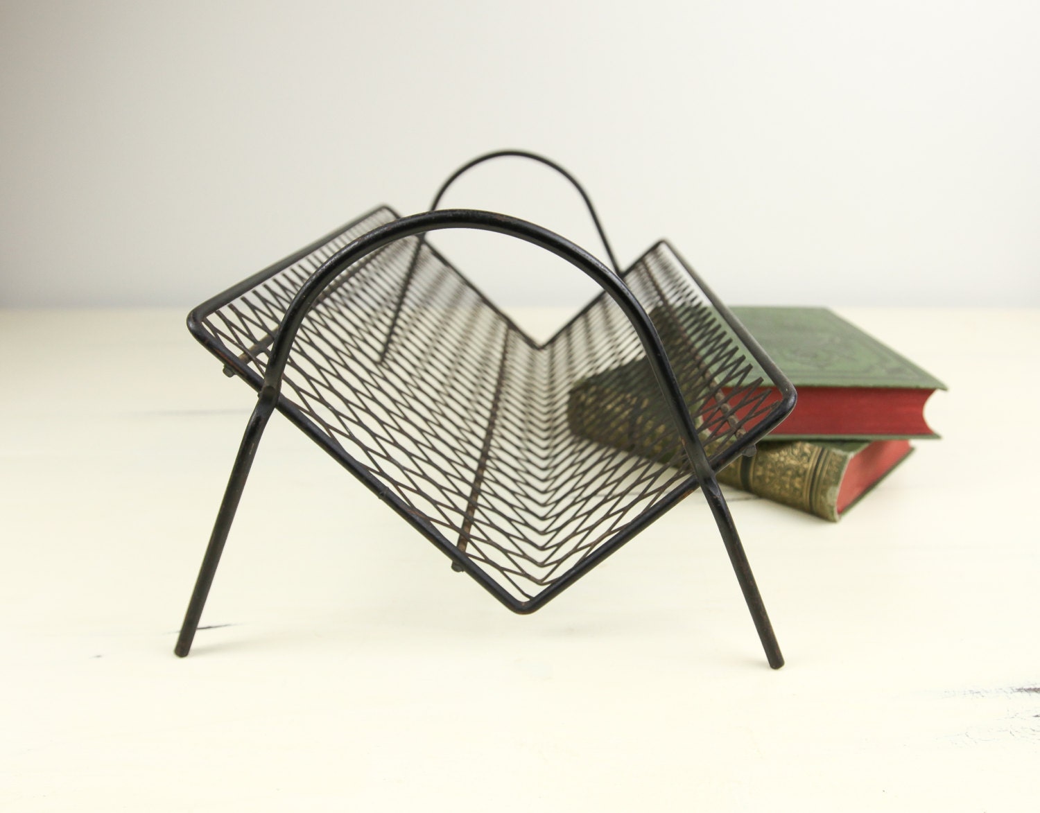 Vintage Mid Century Table Top Book Rack Black Wire Mesh