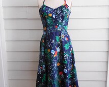 1950s or 1960s cotton floral halter sundress / navy party dress / Small ...