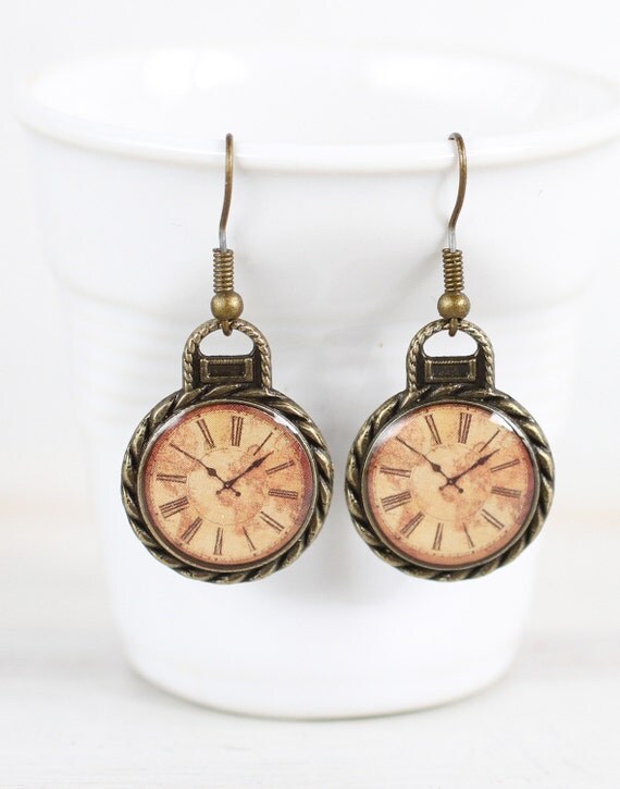 Items similar to Brass Clock Earrings, Antique map Earrings, Art Noveau