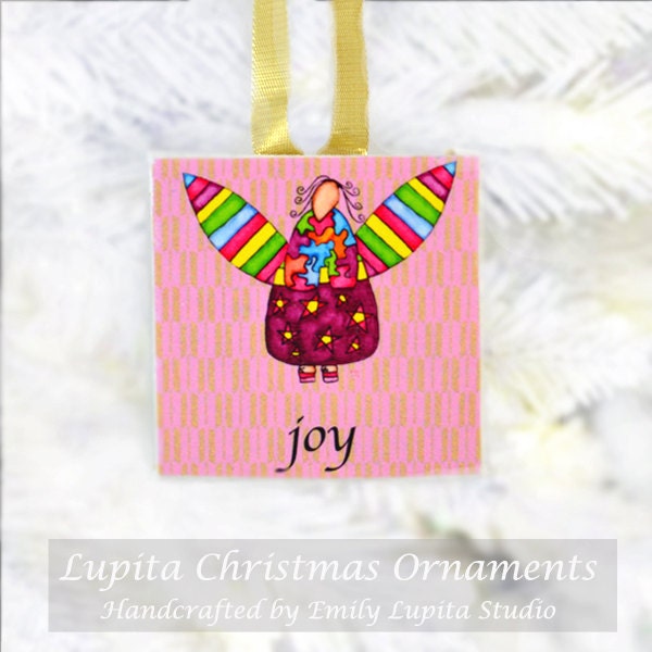 Christmas Ornament: JOY Design Handmade - Holiday Gift Christmas Present Christmas Tree Decoration Girl Angels Watercolor