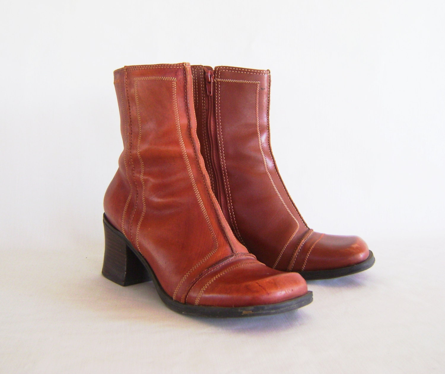 90s Leather Boots – Two Lips Brown Square Toe Booties – Ladies Size 8