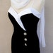 Vintage Black Stretch Velvet Gown with White Satin Shagetti Strap Trim, Rhinestone Buttons, and White Scarf // Formal Party Dress Size 11/12